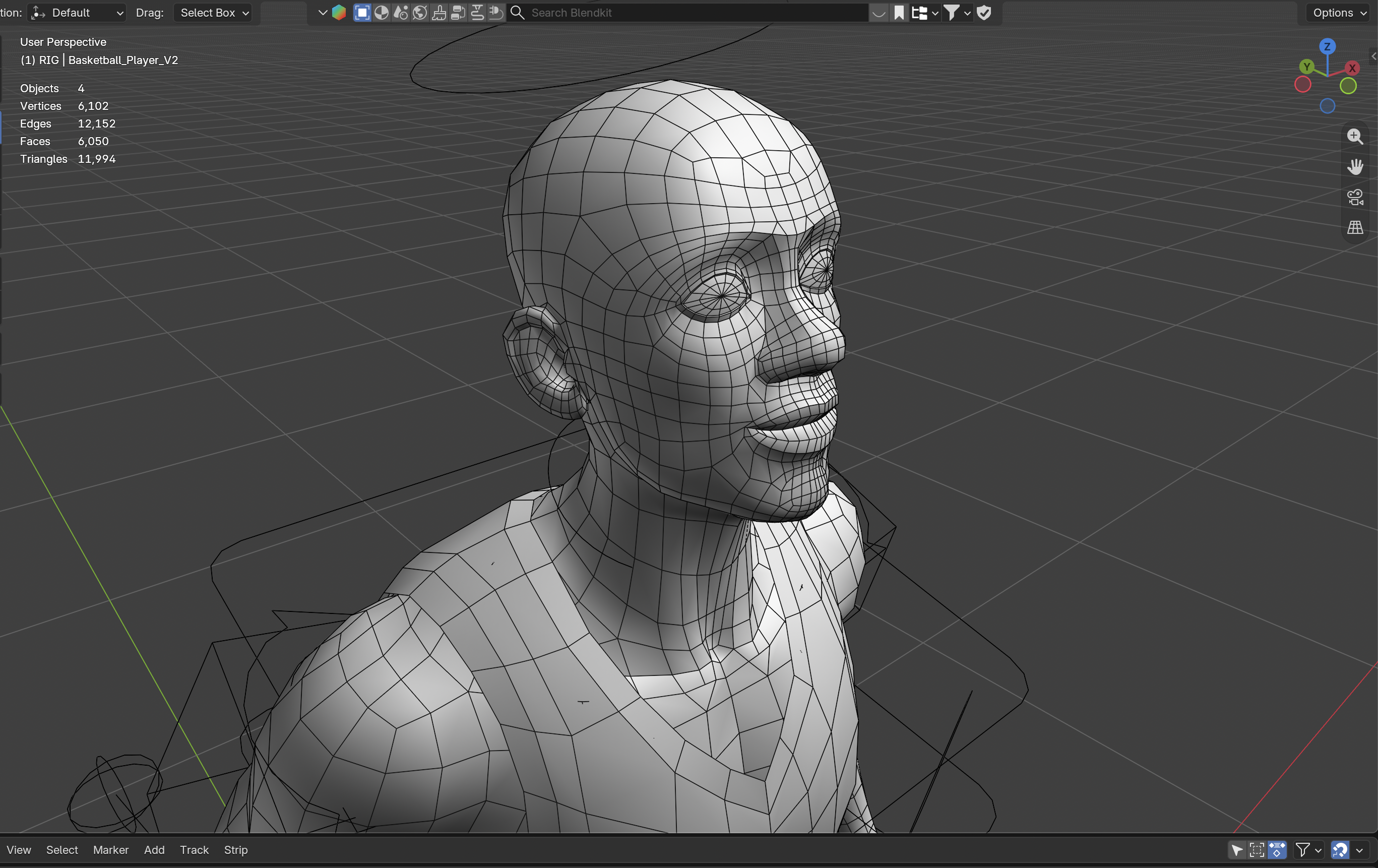 Basketball character facial wireframe detail