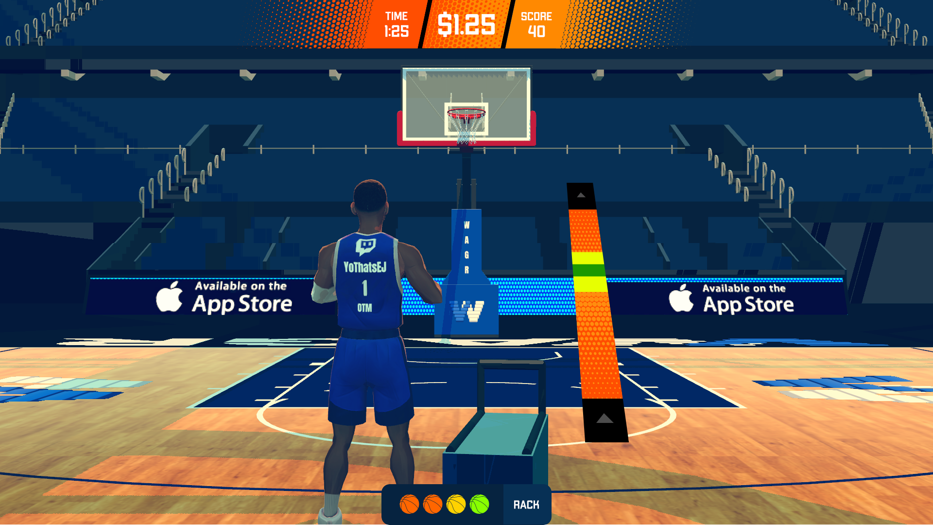 Basketball Free Throws — a player at center court facing the hoop with a timing meter.