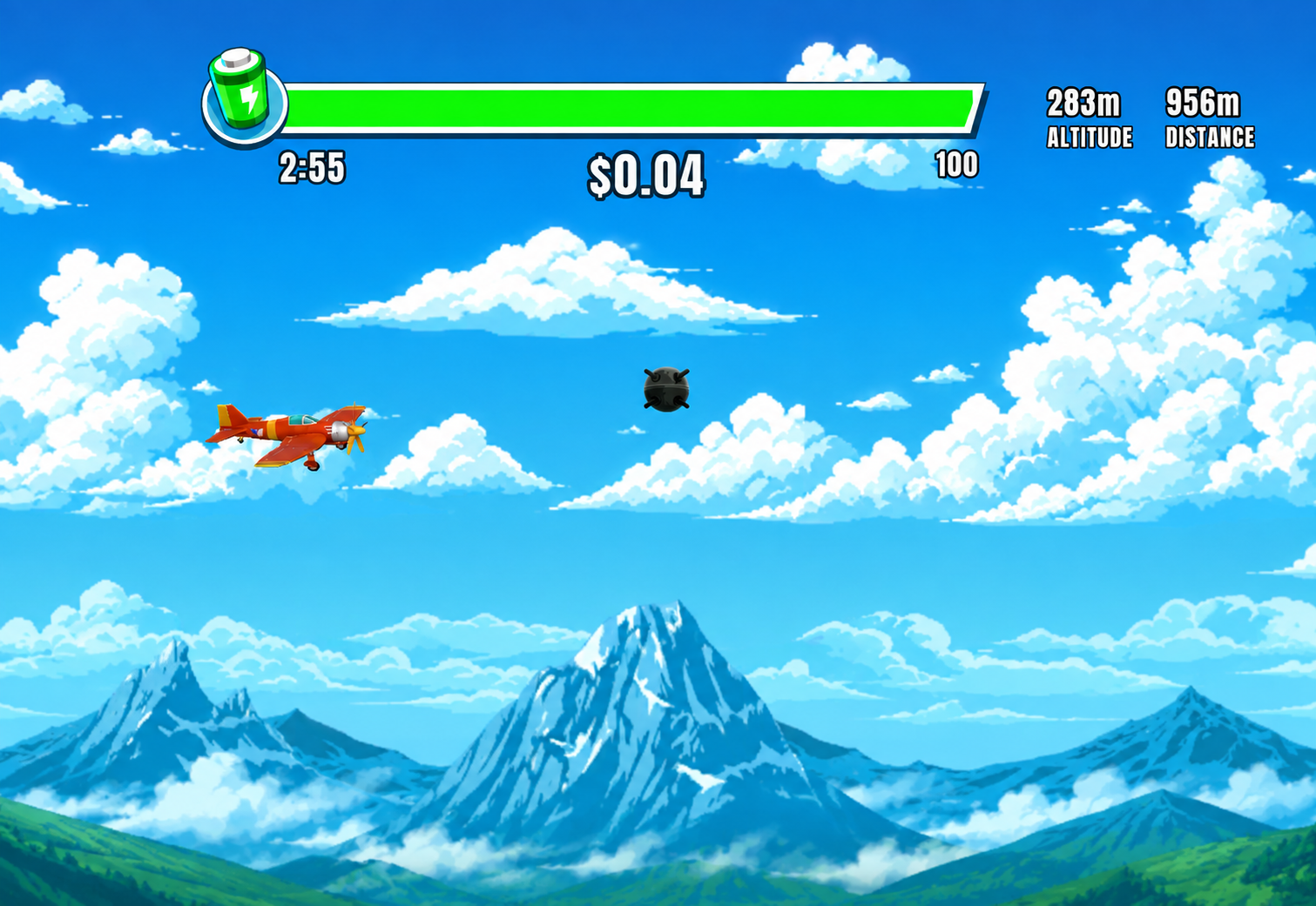 SkyStrap — a red plane flying over pixel-art mountains with an in-game HUD.