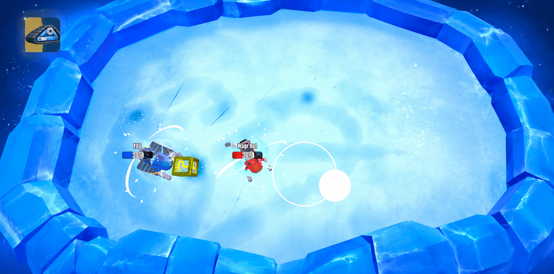 Snowdown — top-down multiplayer tank battle on a glowing icy arena.